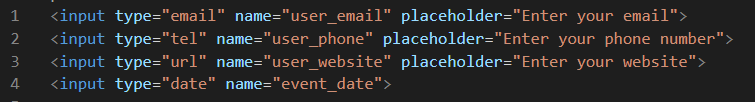 Examples of email phone URL and date input fields