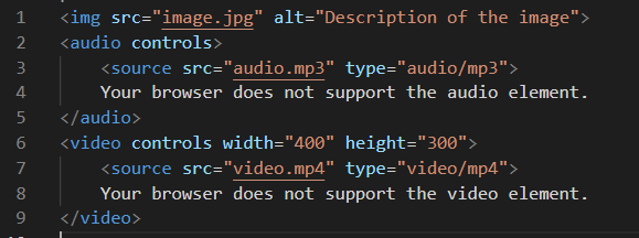 HTML code with embed images audio and video