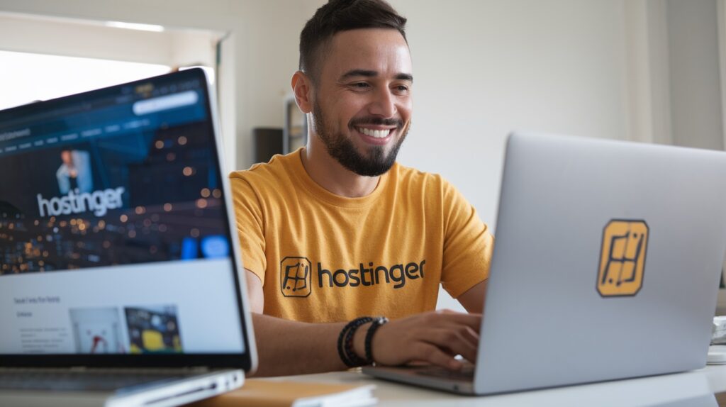 A happy customer working on their website, representing satisfaction with Hostinger.