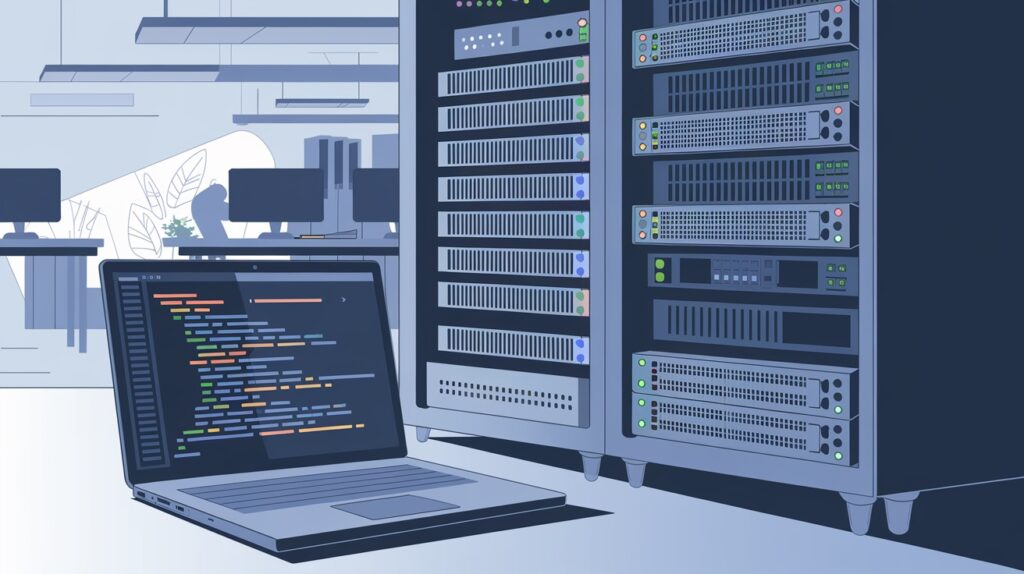 A technical illustration like a server rack or coding interface.